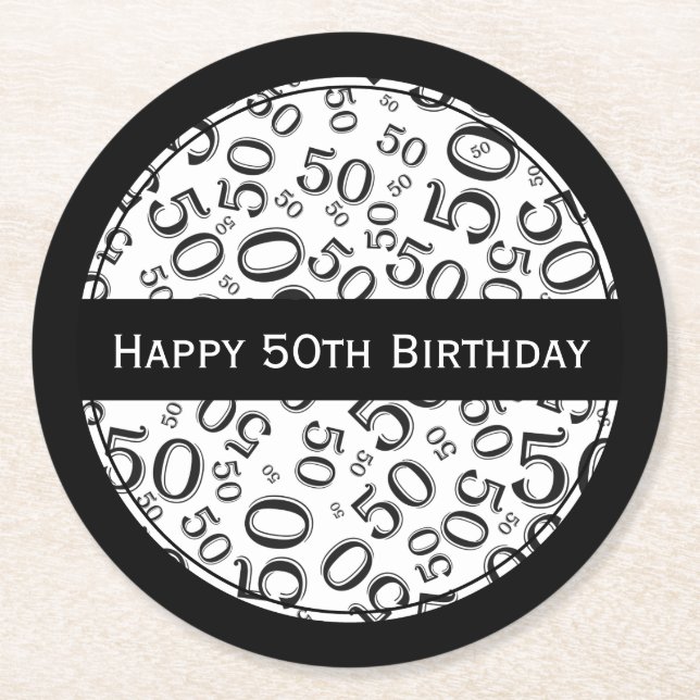 "Happy 50th Birthday" Black/White Party Theme Rnd Round Paper Coaster (Front)