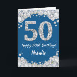 Happy 50th Birthday Blue and Silver Glitter Card<br><div class="desc">Happy 50th Birthday Blue and Silver Glitter Card with personalised name. For further customisation,  please click the "Customise it" button and use our design tool to modify this template.</div>