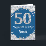 Happy 50th Birthday Blue and Silver Glitter Card<br><div class="desc">Happy 50th Birthday Blue and Silver Glitter Card with personalised name. For further customisation,  please click the "Customise it" button and use our design tool to modify this template.</div>