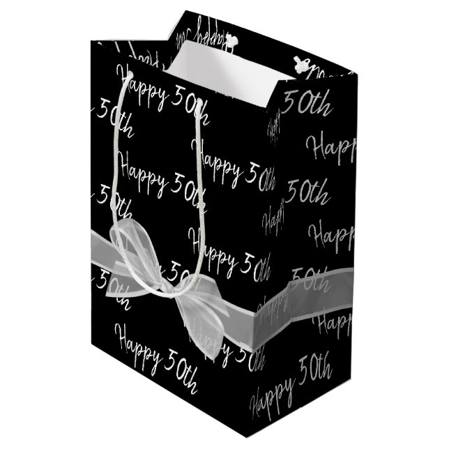 Happy 50th Birthday Bow On Black Medium Gift Bag (Back Angled)
