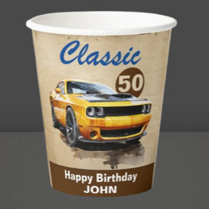 happy 50th birthday Classic Muscle Car Paper Cups