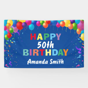 Happy 50th Birthday Colorful Balloons Blue Banner