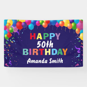 Happy 50th Birthday Colourful Balloons Navy Blue Banner