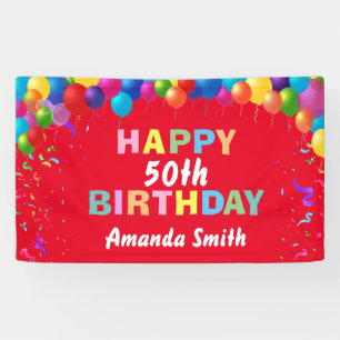 Happy 50th Birthday Colourful Balloons Red Banner