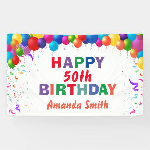 Happy 50th Birthday Colourful Balloons White Banner