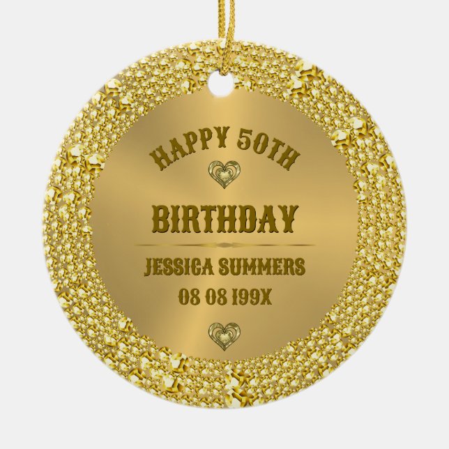 Happy 50th Birthday Diamonds & Gold Ceramic Tree Decoration (Front)