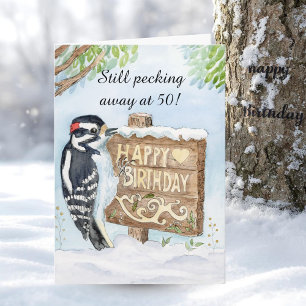 Happy 50th Birthday Downy Woodpecker Card