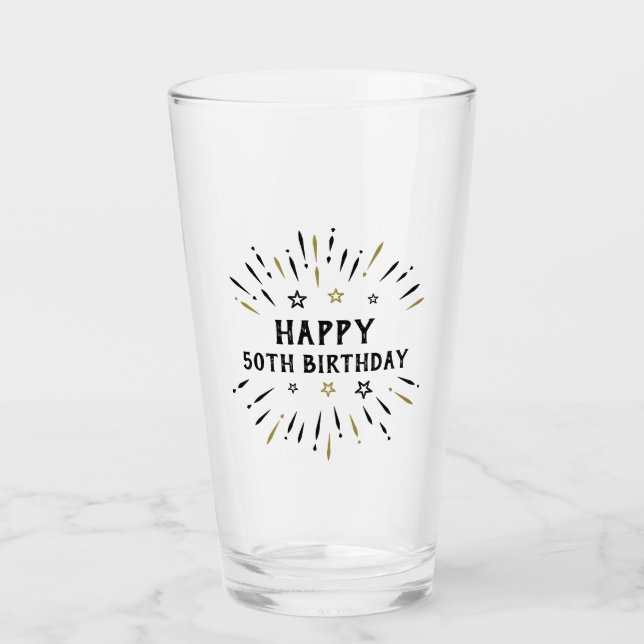 Happy 50th Birthday Fireworks Black And Gold Glass (Front)