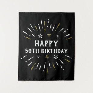 Happy 50th Birthday Fireworks Black White Gold Tapestry