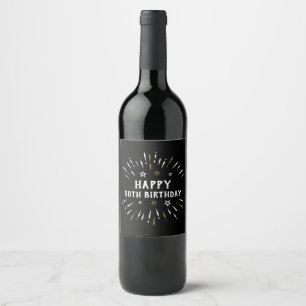 Happy 50th Birthday Fireworks Black White Gold Wine Label