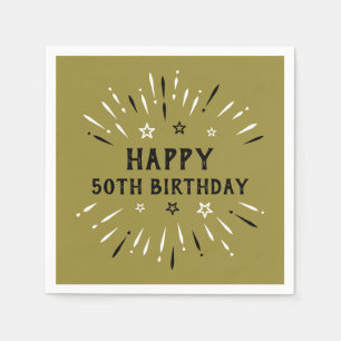 Happy 50th Birthday Fireworks Gold Black White Napkin