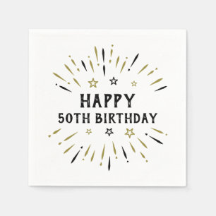 Happy 50th Birthday Fireworks White Black Gold Napkin