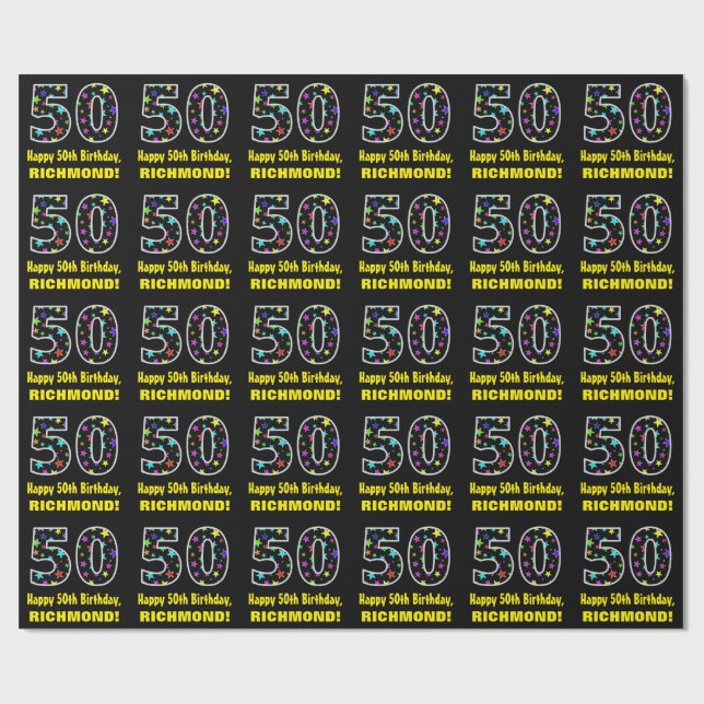Happy 50th Birthday, Fun Colourful Stars Pattern 5 Wrapping Paper (Flat)