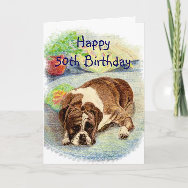 Happy 50th  Birthday  Get Excited Humour Boxer Dog Card (Front)