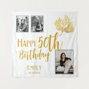 Happy 50th Birthday Gold Foliage 3 Photo Backdrop Tapestry