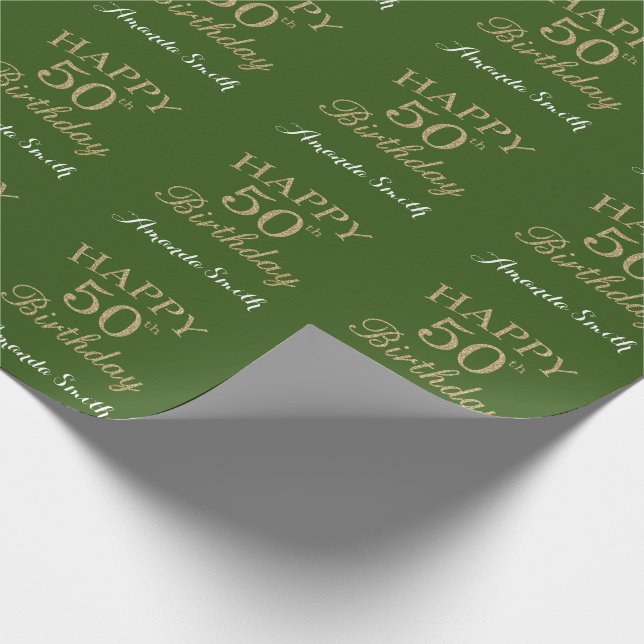 Happy 50th Birthday Gold Glitter and Green Wrapping Paper (Corner)
