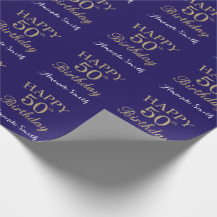 Happy 50th Birthday Gold Glitter and Navy Blue Wrapping Paper