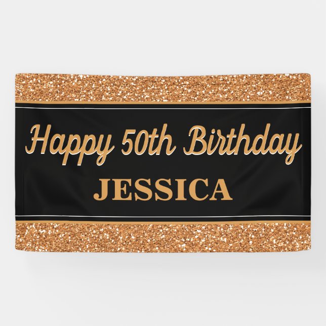 Happy 50th Birthday Gold Glitter Black Banner (Horizontal)