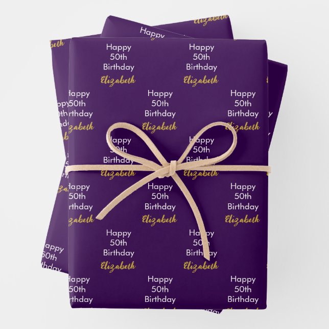 Happy 50th Birthday Gold Name Script Dark Purple Wrapping Paper Sheet (In situ)