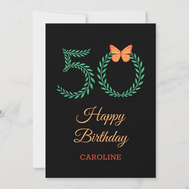 Happy 50th Birthday Greenery Butterfly Card (Front)