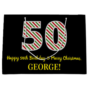 Happy 50th Birthday & Merry Christmas, Custom Name Large Gift Bag