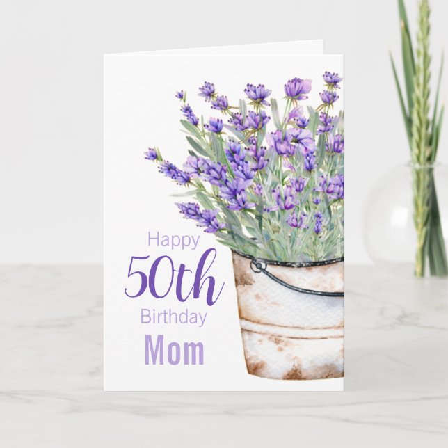 Happy 50th Birthday Mum Watercolor Lavender Flora Card (Front)