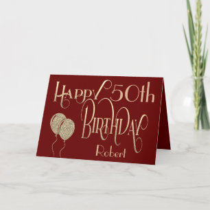 Happy 50th Birthday Name Gold Text Burgundy Card
