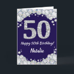 Happy 50th Birthday Navy Blue and Silver Glitter Card<br><div class="desc">Happy 50th Birthday Navy Blue and Silver Glitter Card with personalised name. For further customisation,  please click the "Customise it" button and use our design tool to modify this template.</div>