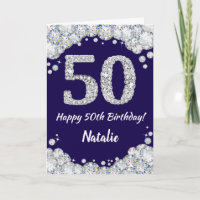 Happy 50th Birthday Navy Blue and Silver Glitter