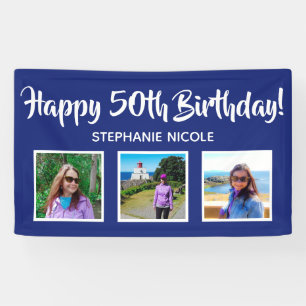 Happy 50th Birthday Navy Personalised 3 Photos Banner