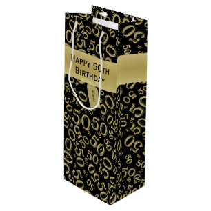 Happy 50th Birthday Number Pattern Black/Gold Wine Gift Bag