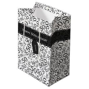 Happy 50th Birthday Number Pattern Black/White Medium Gift Bag