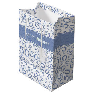 Happy 50th Birthday Number Pattern Blue/White Medium Gift Bag