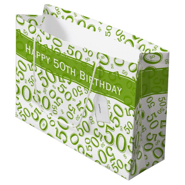 Happy 50th Birthday Number Pattern Green/White Large Gift Bag (Front Angled)