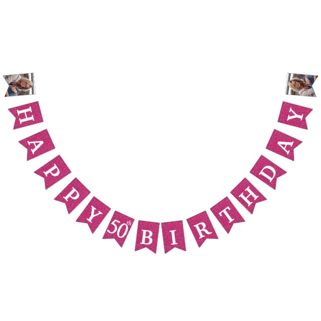 Happy 50th Birthday Photo Hot Pink Glitter Bunting (All)