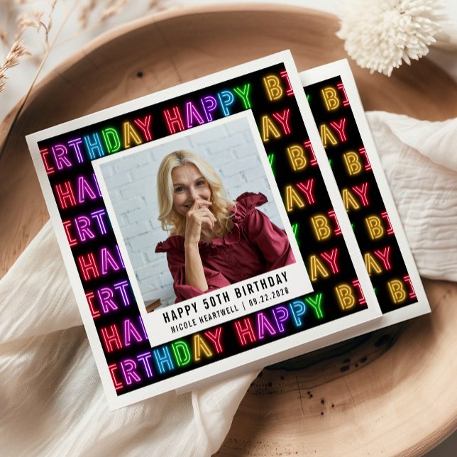 Happy 50th Birthday Photo Rainbow Neon Napkin (Creator Uploaded)