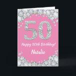 Happy 50th Birthday Pink and Silver Glitter Card<br><div class="desc">Happy 50th Birthday Pink and Silver Glitter Card with personalised name. For further customisation,  please click the "Customise it" button and use our design tool to modify this template.</div>