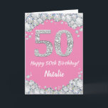 Happy 50th Birthday Pink and Silver Glitter Card<br><div class="desc">Happy 50th Birthday Pink and Silver Glitter Card with personalised name. For further customisation,  please click the "Customise it" button and use our design tool to modify this template.</div>