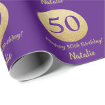 Happy 50th Birthday Purple and Gold Glitter Wrapping Paper<br><div class="desc">Happy 50th Birthday Purple and Gold Glitter Wrapping Paper with personalised name. For further customisation,  please click the "Customise it" button and use our design tool to modify this template.</div>