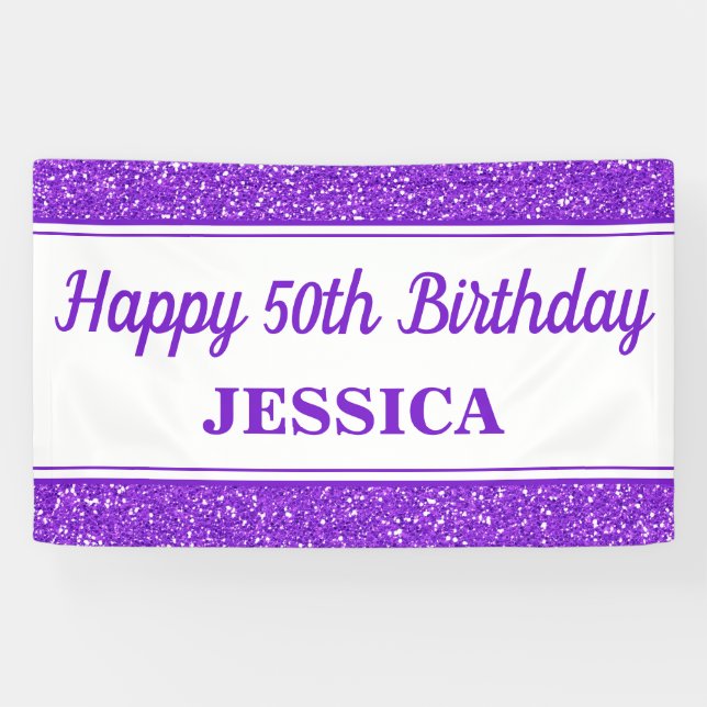 Happy 50th Birthday Purple Glitter Banner (Horizontal)