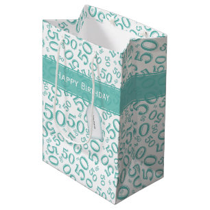 Happy 50th Birthday Random Pattern Teal/White Medium Gift Bag