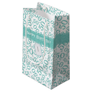 Happy 50th Birthday Random Pattern Teal/White Small Gift Bag
