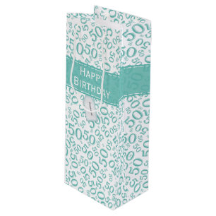 Happy 50th Birthday Random Pattern Teal/White Wine Gift Bag