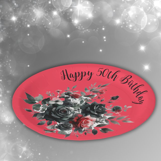 Happy 50th Birthday Red and Black Roses | Paper Plate (Creator Uploaded)