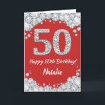 Happy 50th Birthday Red and Silver Glitter Card<br><div class="desc">Happy 50th Birthday Red and Silver Glitter Card with personalised name. For further customisation,  please click the "Customise it" button and use our design tool to modify this template.</div>