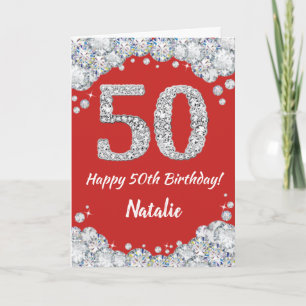 Happy 50th Birthday Red and Silver Glitter Card