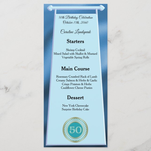 Happy 50th Birthday Teal Blue Glitter Foil  Menu (Front)
