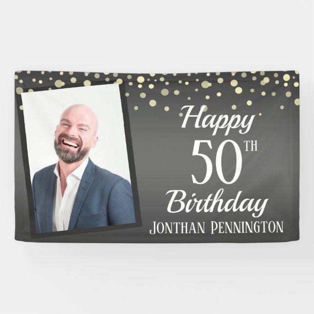 Happy 50th Birthday with Confetti One Photo Ba Banner (Horizontal)