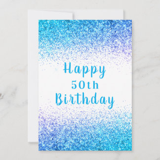 Happy 50th Blue Glitter Typography Birthday Card