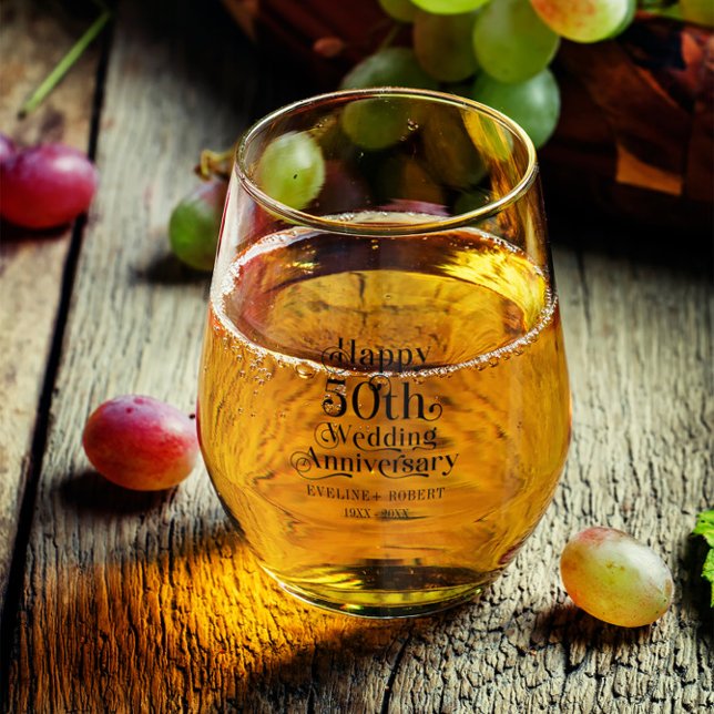 Happy 50th Wedding Anniversary Black Typography Stemless Wine Glass (Creator Uploaded)